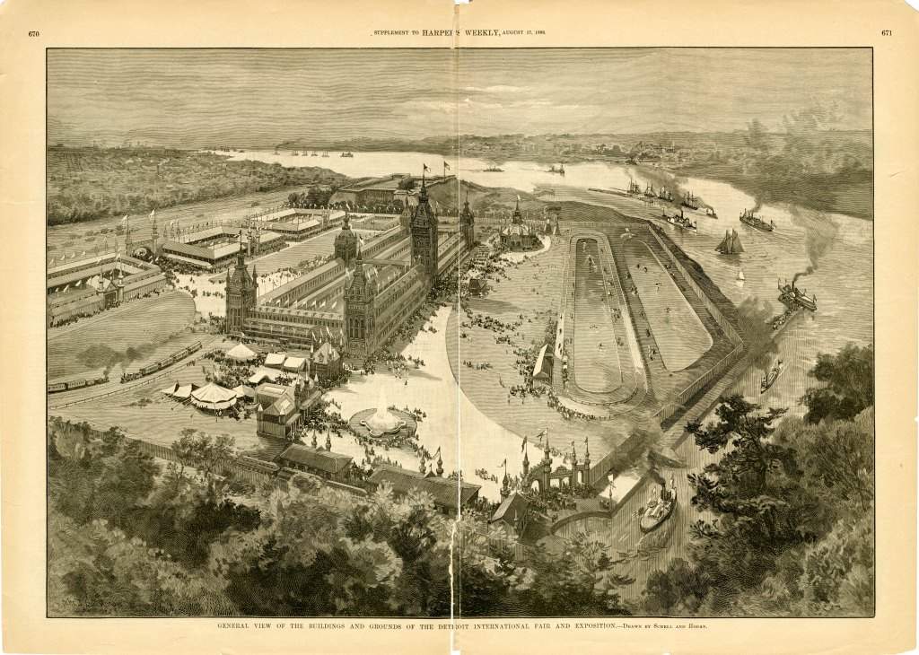 Engraving showing the exposition grounds taken from the August 17, 1889 Harper’s Weekly supplement.