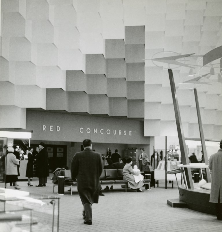 1959, Willow Run passenger terminal. To the right is a display of Chrysler cars.