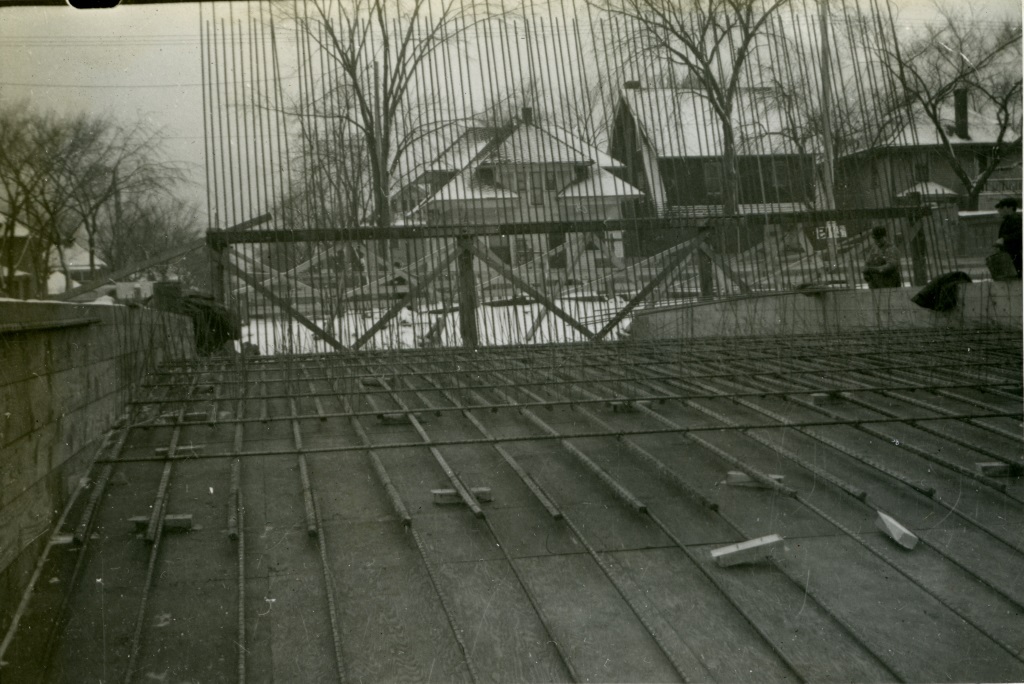 View of concrete forms and reinforcing bars for bridge at Third Avenue.