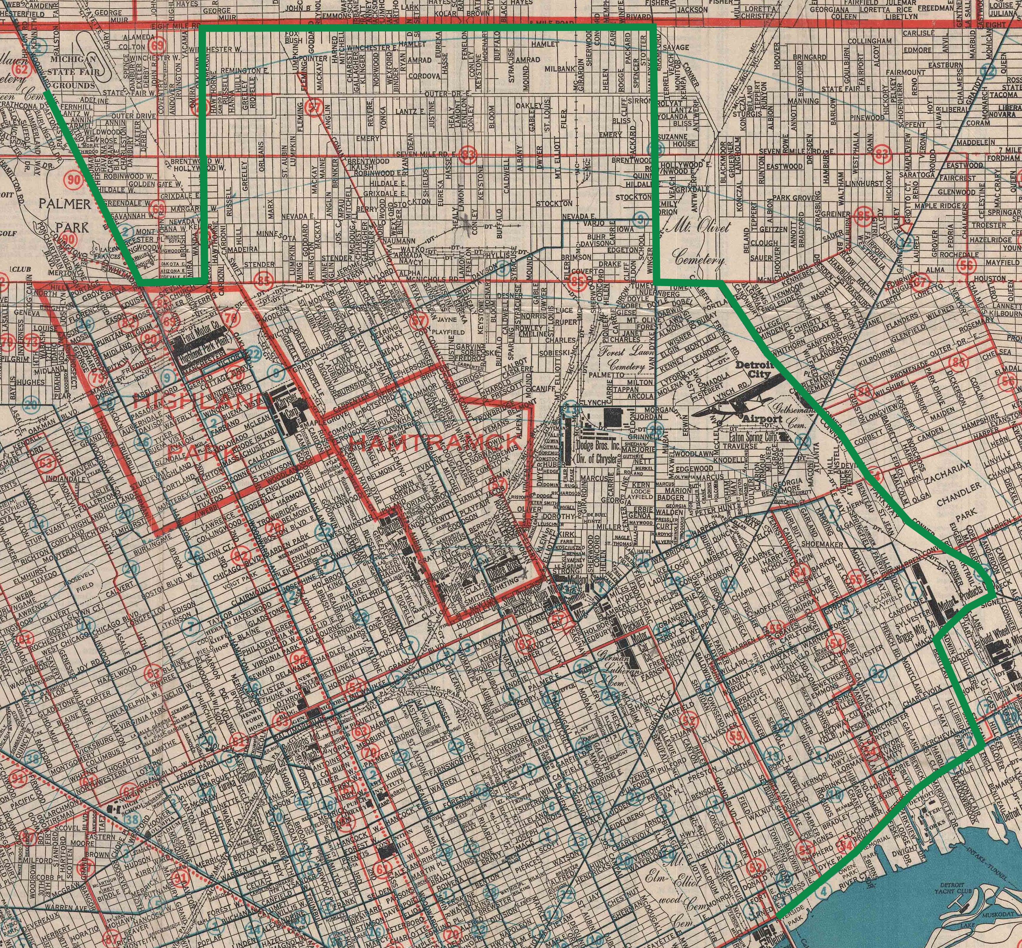 The green line on this map traces the path of the World’s Largest Stove during its 1965 move. Oakland Street, across which the stove traveled south from 8 Mile Road to McNichols during the final leg of its journey, is the current site of a stretch of I-75.