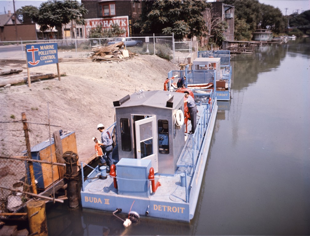 Marine Pollution Control’s barges, the BUDA I and BUDA II, pictured at the company’s dock on the Rouge River.