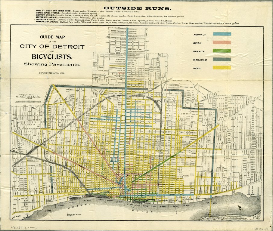 Today’s cyclists are concerned with bike lines on our busy roads, but in 1896 it was more important to note what type of road surface might be encountered. This map published by The Calvert Lith. & Eng. Co. has color coded roads paved in asphalt, brick, granite, macadam, and wood.