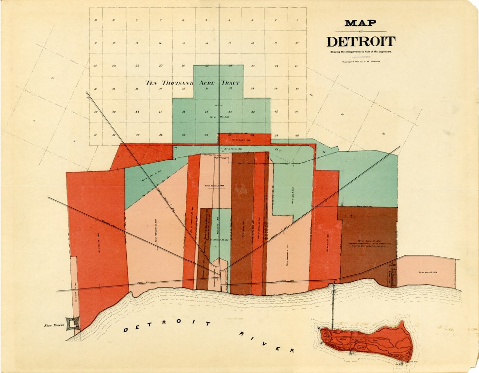 This 1891 map shows us how the boundaries of Detroit expanded through Acts of Legislature starting in 1806. It even notes when an enlargement was declared unconstitutional by the Supreme Court. 