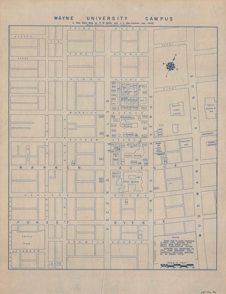 The campus of Wayne (State) University was much humbler in 1948 that it is today. With few purpose built academic buildings, most of the properties were still former neighborhood residences which would be replaced by new construction in the following decades. 