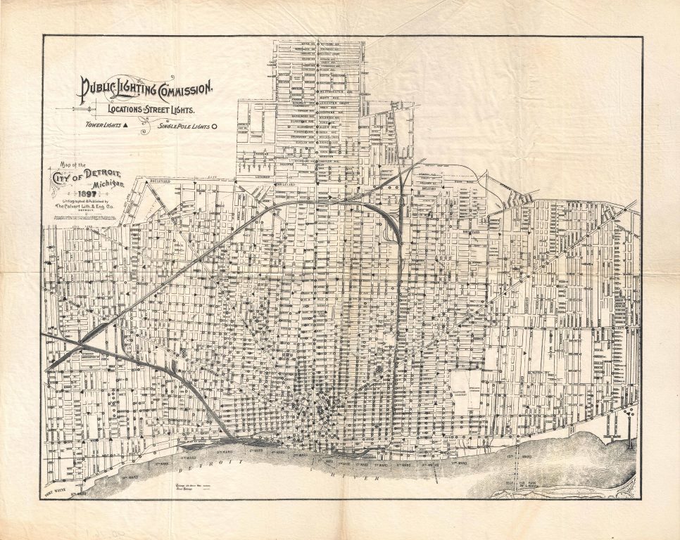 In 1897, the Public Lighting Commission mapped every street light in the city, differentiating tower lights and single pole lights. Published by The Calvert Lith. & Eng. Co.