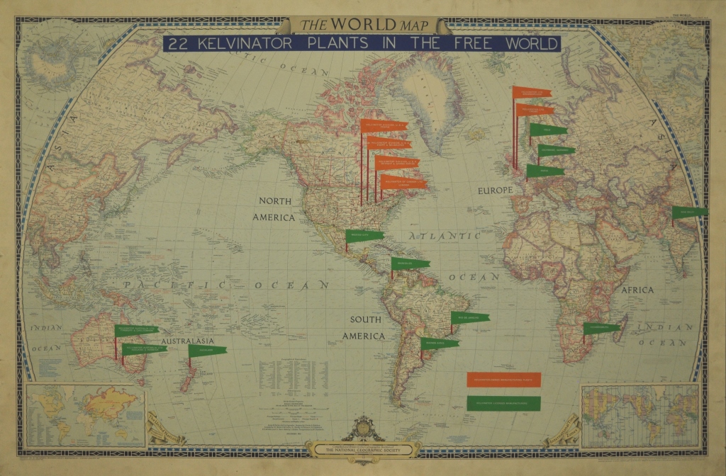 Kelvinator is home appliance manufacturer founded in Detroit in 1914. This 1951 map identifies twenty two Kelvinator owned and licensed plants around the world, including those in Detroit and Grand Rapids.