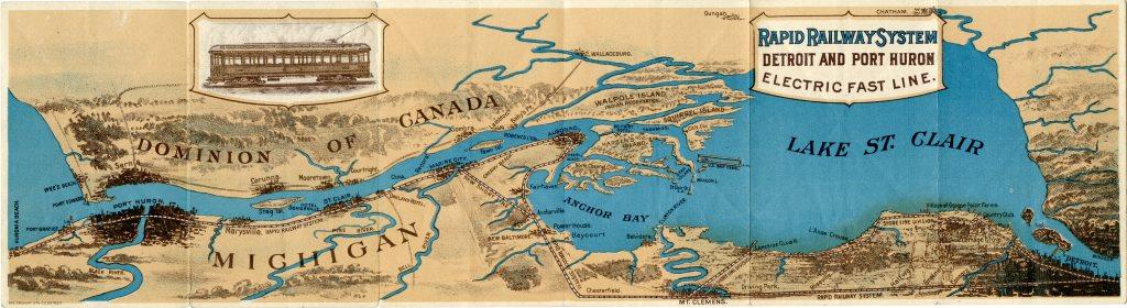 1905 illustrated map of the interurban route between Detroit and Port Huron.