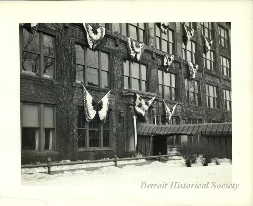 Black and white photographic print of the Packard Automotive Plant. 