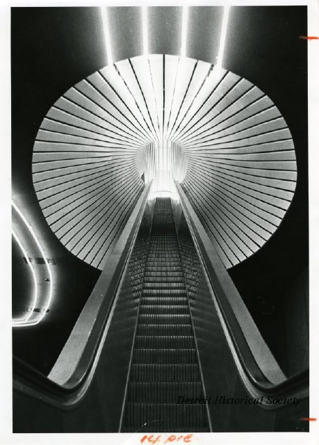 Black and white photo of the escalator at the Michigan Science Center, designed by William Kessler, 1978