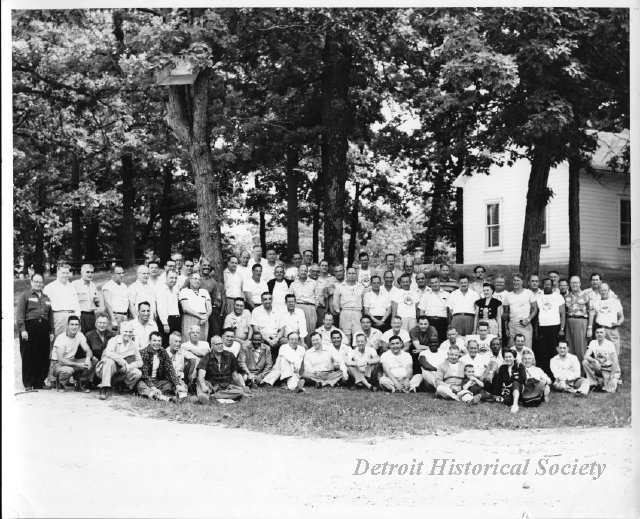 Photo of UAW workers, with Walter Reuther seated center, 1953 - 2012.044.630