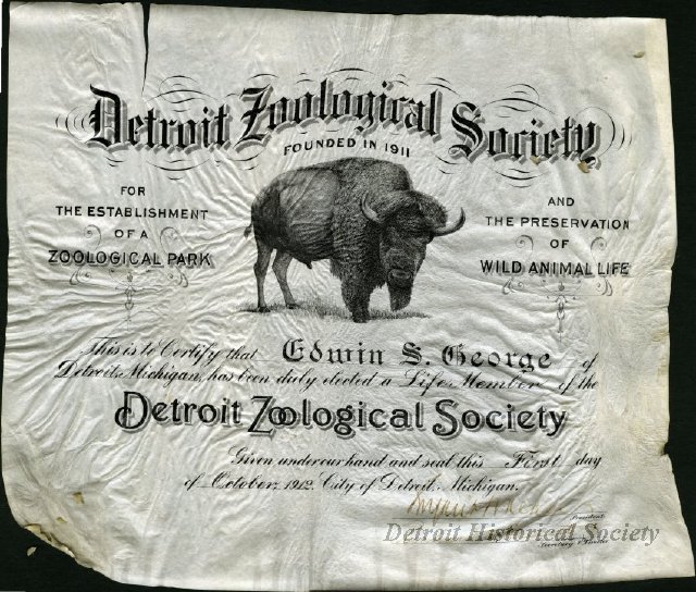 Detroit Zoological Society membership certificate