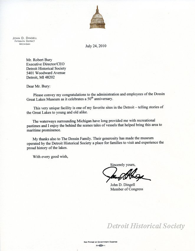 Letter to Robert Bury from John D. Dingell, 2010 – 2019.001.030